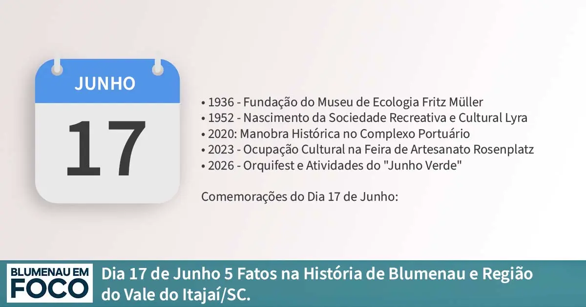 Dia 17 de Junho 5 Fatos na História de Blumenau e Região do Vale do Itajaí/SC. - Blumenau em Foco Portal de Notícias de Blumenau/SC