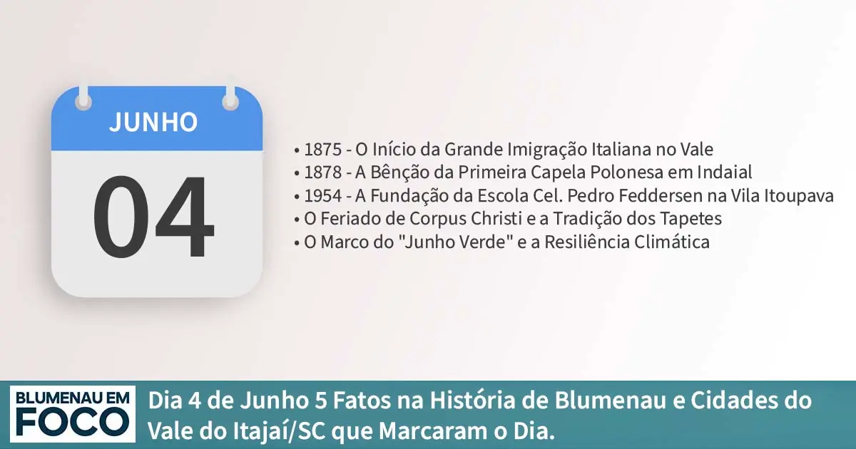 Dia 4 de Junho: 5 Fatos na História de Blumenau e Cidades do Vale do Itajaí/SC que Marcaram o Dia. - Blumenau em Foco Portal de Notícias de Blumenau/SC