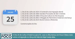 Dia 25 de Julho 5 Fatos na História de Blumenau e Região do Vale do Itajaí/SC. - Blumenau em Foco Portal de Notícias de Blumenau/SC.