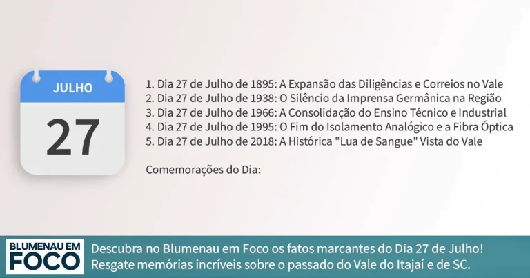 Dia 27 de Julho 5 Fatos na História de Blumenau e Região do Vale do Itajaí/SC. - Blumenau em Foco Portal de Notícias de Blumenau/SC.