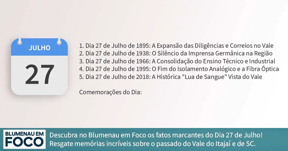 Dia 27 de Julho 5 Fatos na História de Blumenau e Região do Vale do Itajaí/SC. - Blumenau em Foco Portal de Notícias de Blumenau/SC.