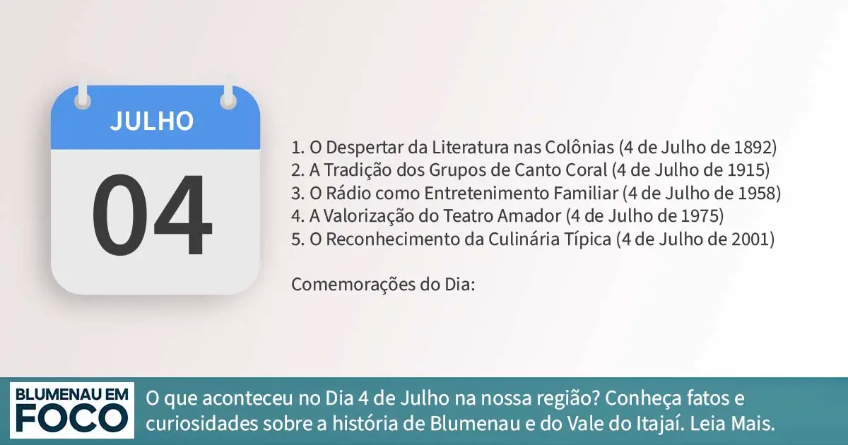 Dia 4 de Julho 5 Fatos na História de Blumenau e Região do Vale do Itajaí/SC - Blumenau em Foco Portal de Notícias de Blumenau/SC