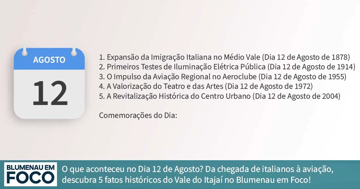Dia 12 de Agosto: 5 Fatos na História de Blumenau e Região do Vale do Itajaí/SC. - Blumenau em Foco Portal de Notícias de Blumenau/SC.
