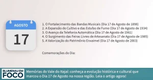 Dia 17 de Agosto: 5 Fatos na História de Blumenau e Região do Vale do Itajaí/SC.- Blumenau em Foco Portal de Notícias de Blumenau/SC.