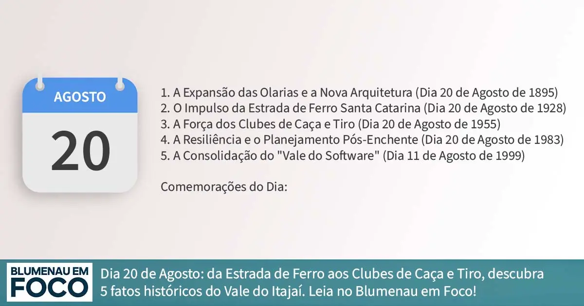 Dia 20 de Agosto 6 Fatos na História de Blumenau e Região do Vale do Itajaí/SC. - Blumenau em Foco Portal de Notícias de Blumenau/SC.