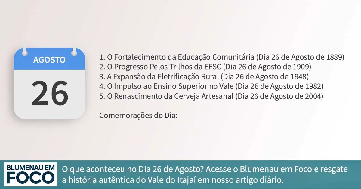 Dia 26 de Agosto: 5 Fatos na História de Blumenau e Região do Vale do Itajaí/SC. - Blumenau em Foco Portal de Notícias de Blumenau/SC.