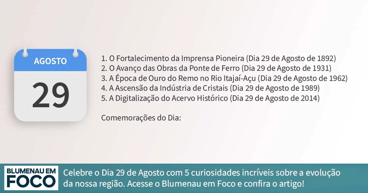 Dia 29 de Agosto 5 Fatos na História de Blumenau e Região do Vale do Itajaí/SC. - Blumenau em Foco Portal de Notícias de Blumenau/SC.