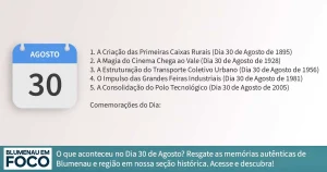 Dia 30 de Agosto: 5 Fatos na História de Blumenau e Região do Vale do Itajaí/SC - Blumenau em Foco Portal de Notícias de Blumenau/SC.