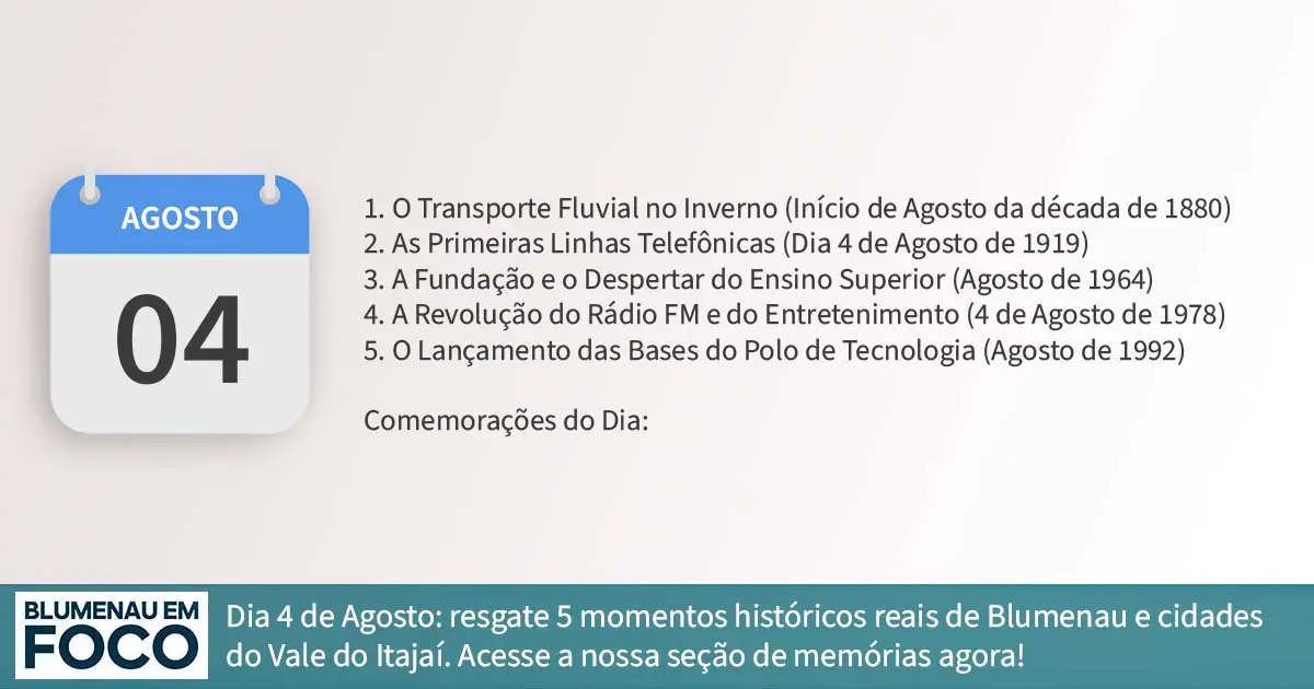 Dia 4 de Agosto: 5 Fatos na História de Blumenau e Região do Vale do Itajaí/SC. - Blumenau em Foco Portal de Notícias de Blumenau/SC.