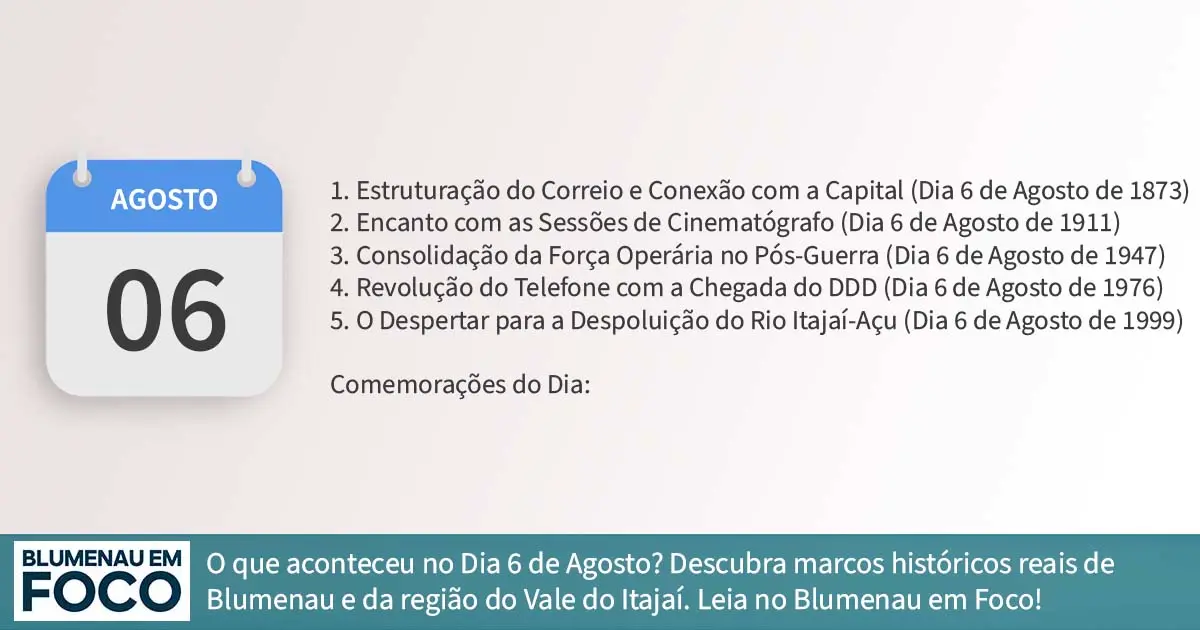 Dia 6 de Agosto: 5 Fatos na História de Blumenau e Região do Vale do Itajaí/SC. - Blumenau em Foco Portal de Notícias de Blumenau/SC.