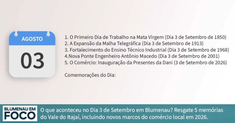 Dia 3 de Setembro 5 Fatos na História de Blumenau e Região do Vale do Itajaí/SC. - Blumenau em Foco Portal de Notícias de Blumenau/SC.